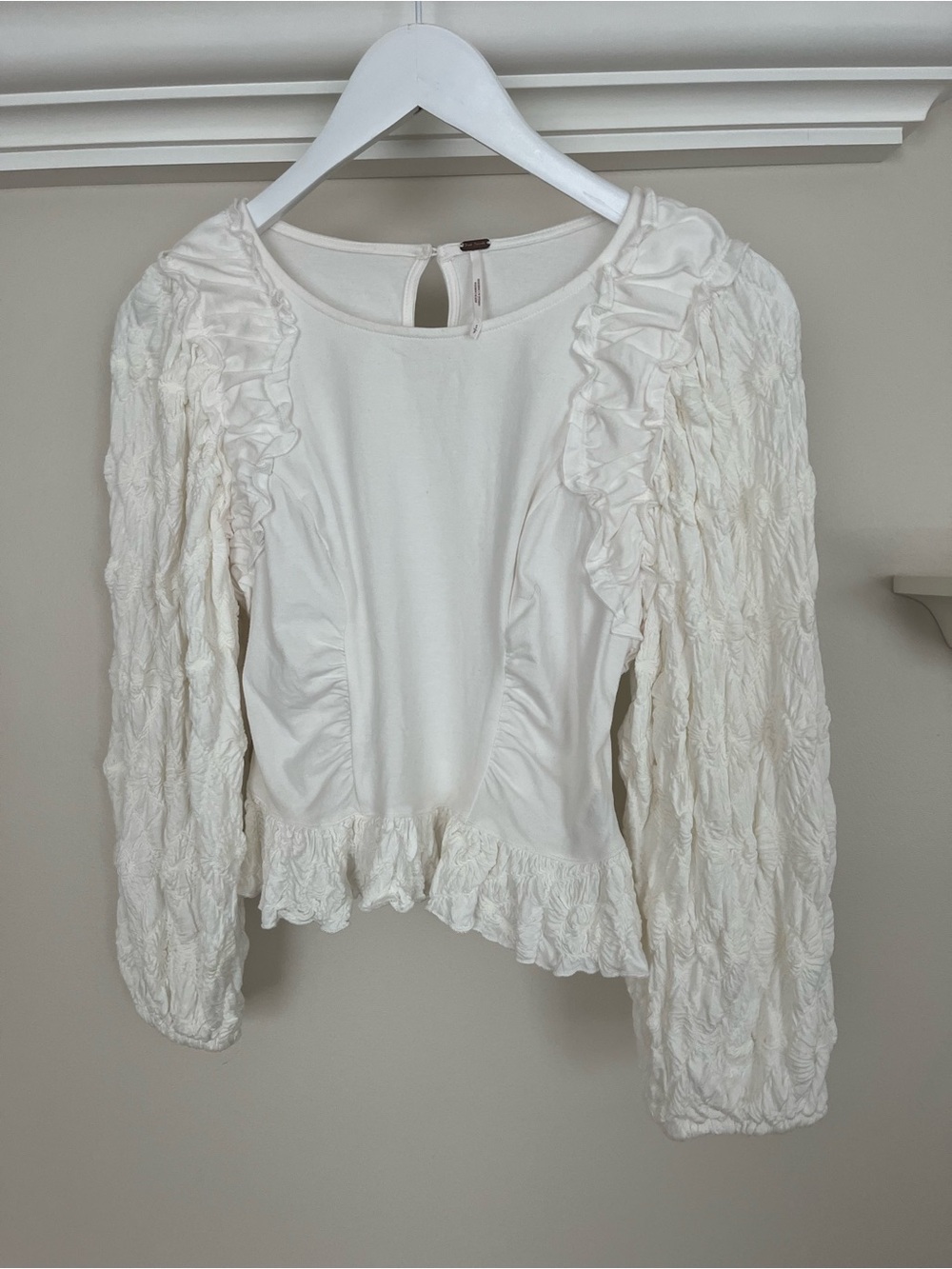 Free People White Ruffle Long-Sleeve Top
